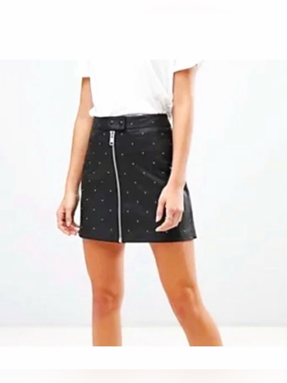All Saints Black Studded Zip-Front Mini Skirt